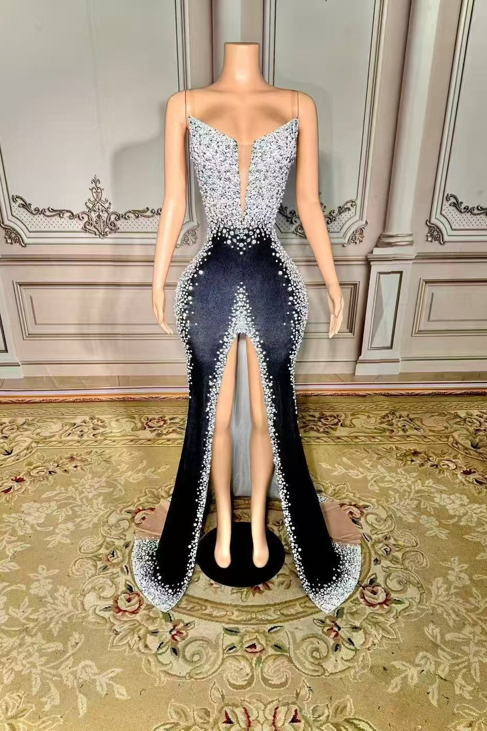 Black Velvet Formal Dress Beaded Evening Dress with Slit