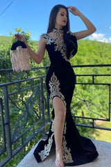 Black Velvet Mermaid Evening Dress with Gold Lace Appliques and Side Slit