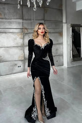 Dreamyannie Black Long Sleeve Velvet Christmas Party Dress Appliques Formal Dress with Slit