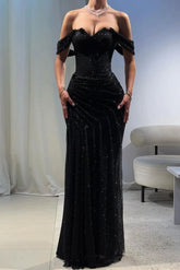 Black Off The Shoulder Prom Dress Sparkly Sheath/Column Formal Dress