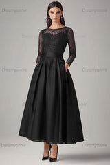 Dreamyannie Navy Wedding Guest Dress Beaded A Line Long Sleeves Formal Dress With Lace