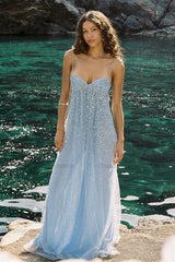 Bling A Line Spaghetti Straps Grey Blue Long Party Dress With Beading Formal Evening Gown