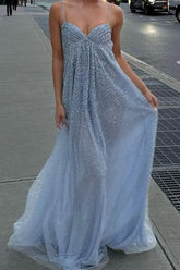 Bling A Line Spaghetti Straps Grey Blue Long Party Dress With Beading Formal Evening Gown