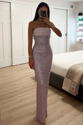 Bling Sheath Strapless Lilac Long Prom Dress With Pearls Slit Formal Evening Gown
