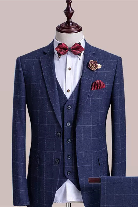 Blue 3 Piece Notched Lapel Plaid Business Suit