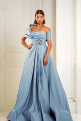 Blue A Line Prom Dress Asymmetric Neck Beaded Evening Dress
