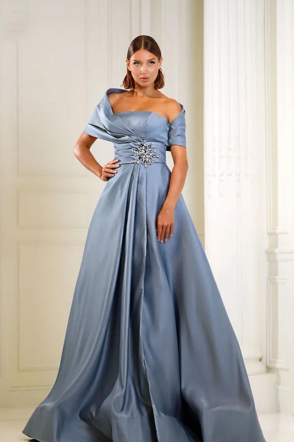 Blue A Line Prom Dress Asymmetric Neck Beaded Evening Dress