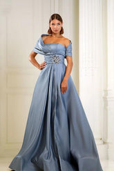 Blue A Line Prom Dress Asymmetric Neck Beaded Evening Dress