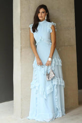 Blue A Line Prom Dress High Neck Ruffled Evening Dress