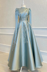 Blue A Line Prom Dress Long Sleeve High Neck Beaded Evening Dress