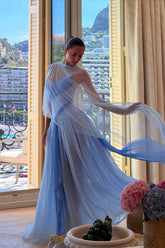 Blue A Line Prom Dress Multicolor Evening Dress