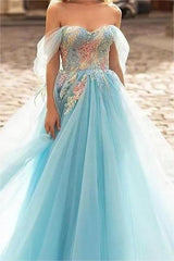 Blue A Line Prom Dress Off the Shoulder Evening Dress With Lace Appliques