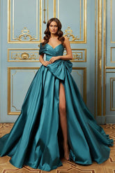 Blue A Line Prom Dress One Shoulder Satin Evening Dress