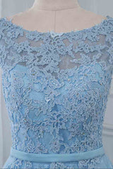 Blue A Line Prom Dress Sleeveless Evening Dress With Lace Appliques