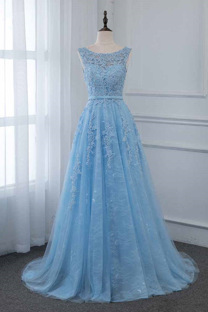 Blue A Line Prom Dress Sleeveless Evening Dress With Lace Appliques