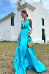 Blue A Line Prom Dress Sleeveless Halter Neck Satin Evening Dress