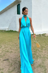 Blue A Line Prom Dress Sleeveless Halter Neck Satin Evening Dress