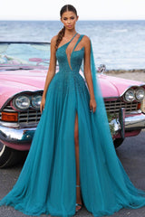 Blue A Line Prom Dress Sleeveless One Shoulder Beaded Evening Dress