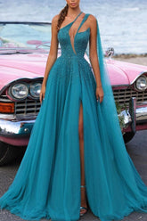 Blue A Line Prom Dress Sleeveless One Shoulder Beaded Evening Dress