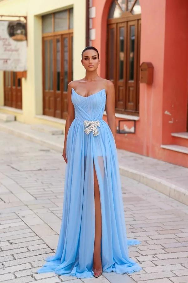Blue A Line Prom Dress Sleeveless Strapless Beaded Evening Dress