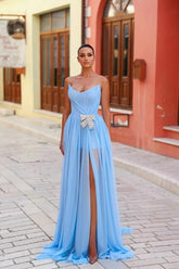 Blue A Line Prom Dress Sleeveless Strapless Beaded Evening Dress