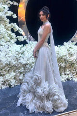 Blue A Line Prom Dress Sleeveless Strapless Evening Dress With 3D Flowers