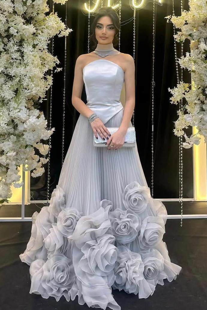 Blue A Line Prom Dress Sleeveless Strapless Evening Dress With 3D Flowers