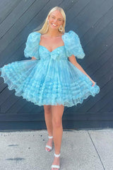 Blue A-Line Puff Sleeves Sweetheart Floral Short Graduation Dress