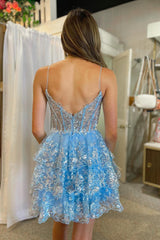 Blue A-Line Spaghetti Straps Sequin Short Graduation Dress
