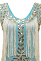 Blue Apricot Gatsby Dress Sequin Fringe 1920s Dress