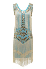 Blue Apricot Gatsby Dress Sequin Fringe 1920s Dress