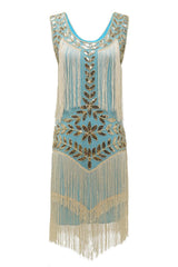 Blue Apricot Gatsby Dress Sequin Fringe 1920s Dress