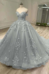 Blue Ball Gown Prom Dress Off the Shoulder Evening Dress With Lace Appliques