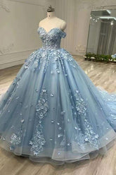 Blue Ball Gown Prom Dress Off the Shoulder Evening Dress With Lace Appliques
