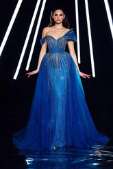 Blue Detachable Train Prom Dress Asymmetric Beaded Evening Dress
