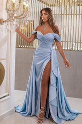Blue Detachable Train Prom Dress Off the Shoulder Satin Evening Dress