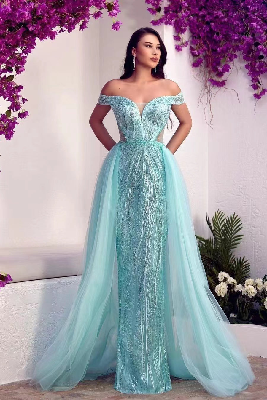 Blue Detachable Train Prom Dress Off the Shoulder Sequined Evening Dress