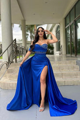 Blue Detachable Train Prom Dress One Shoulder Beaded Evening Dress