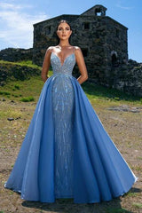 Blue Detachable Train Prom Dress Sleeveless Spaghetti Straps Sequined Evening Dress