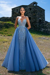 Blue Detachable Train Prom Dress Sleeveless Spaghetti Straps Sequined Evening Dress