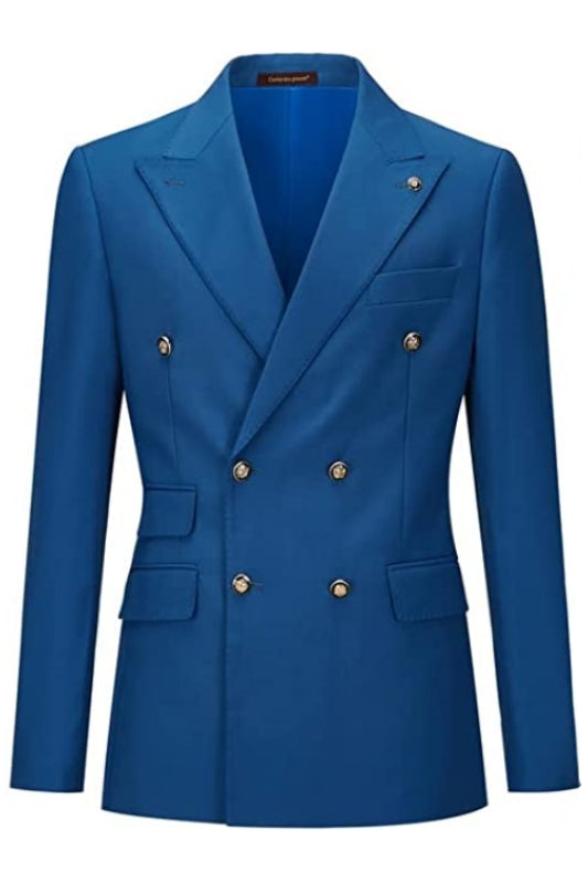 Blue Double Breasted Peaked Lapel Prom Suit