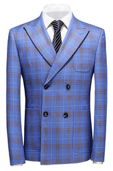Blue Double Breasted Plaid Business Suit for Men