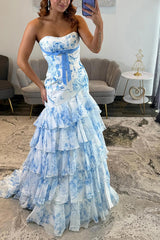 Blue Flower Prom Dress Sweetheart Mermaid Ruffled Long Formal Dress With Bow