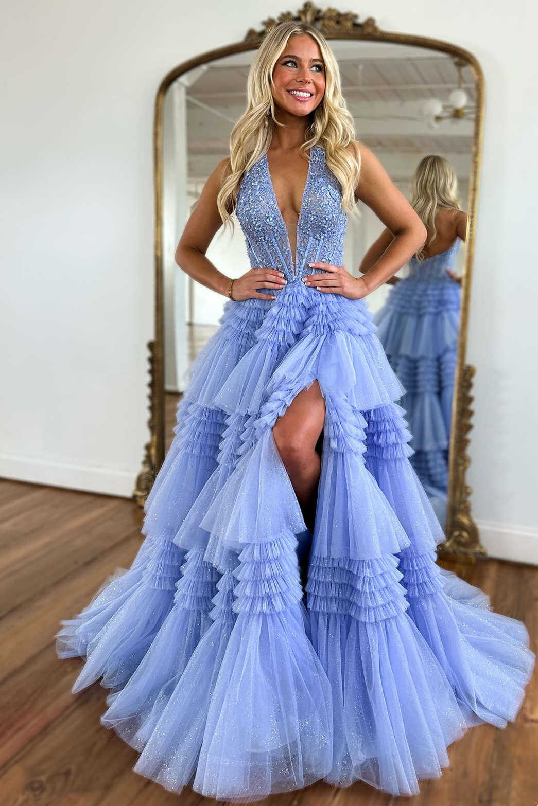 Blue Halter Neck Prom Dress Corset Lace Tiered Formal Dress with Slit
