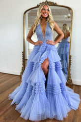 Blue Halter Neck Prom Dress Corset Lace Tiered Formal Dress with Slit