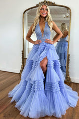 Blue Halter Neck Prom Dress Corset Lace Tiered Formal Dress with Slit