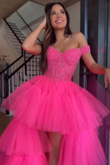 Blue High Low Graduation Dress Tiered Prom Dress with Lace