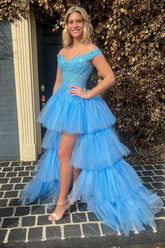 Blue High Low Graduation Dress Tiered Prom Dress with Lace