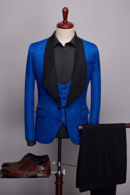 Blue Jacquard One Button Three Piece Wedding Suit with Black Shawl Lapel