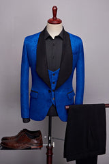 Blue Jacquard One Button Three Piece Wedding Suit with Black Shawl Lapel